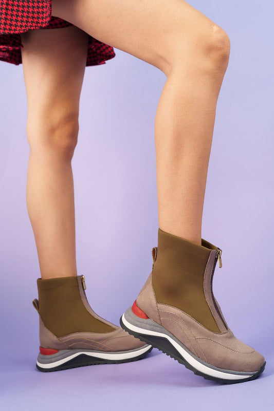 5079 Kadın Süet Dalgıç Kumaş Detaylı Fermuarlı Bot