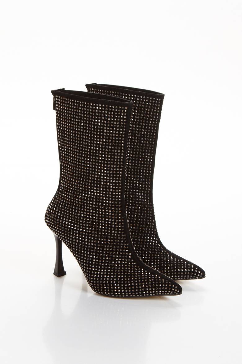 Kadın Sivri Burun Parlak Taşlı Topuklu Bot 5116