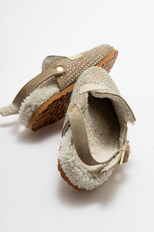 Kadın Hakiki Deri Taşlı Kürklü Kışlık Terlik 6242