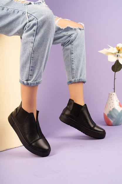 Siyah - 2056 Kadın Hakiki Deri Sneakers