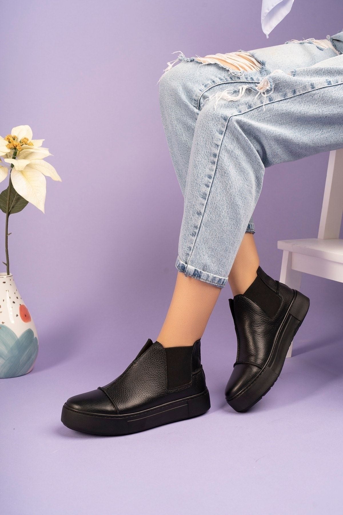 Siyah - 2056 Kadın Hakiki Deri Sneakers